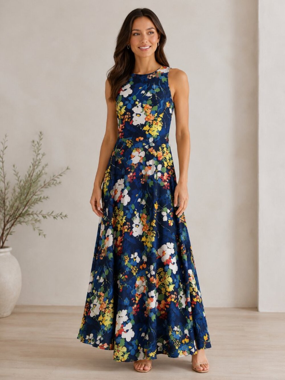 Banana Republic 4 Floral Maxi Dress Blue Sleeveless A-Line Spring Summer Resort